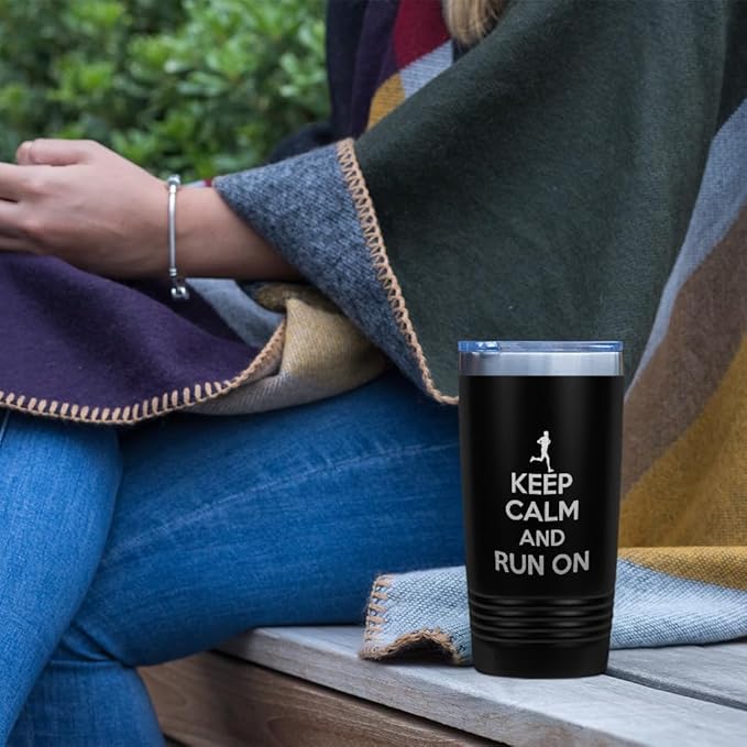 Stainless-Steel Engraved Travel Mug Tumbler 20 Oz Keep Calm and Run on Thermal Coffee Cup Purple