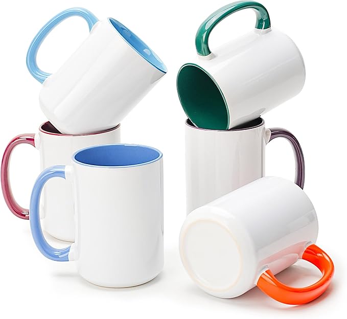 Ceramic 15oz Sublimation Coffee Mug in White Box, 6 Assorted Colors Option #2 of Orange, Purple, Turquoise, Dark Blue, Dark Red, and Hunter Green, Case of 12