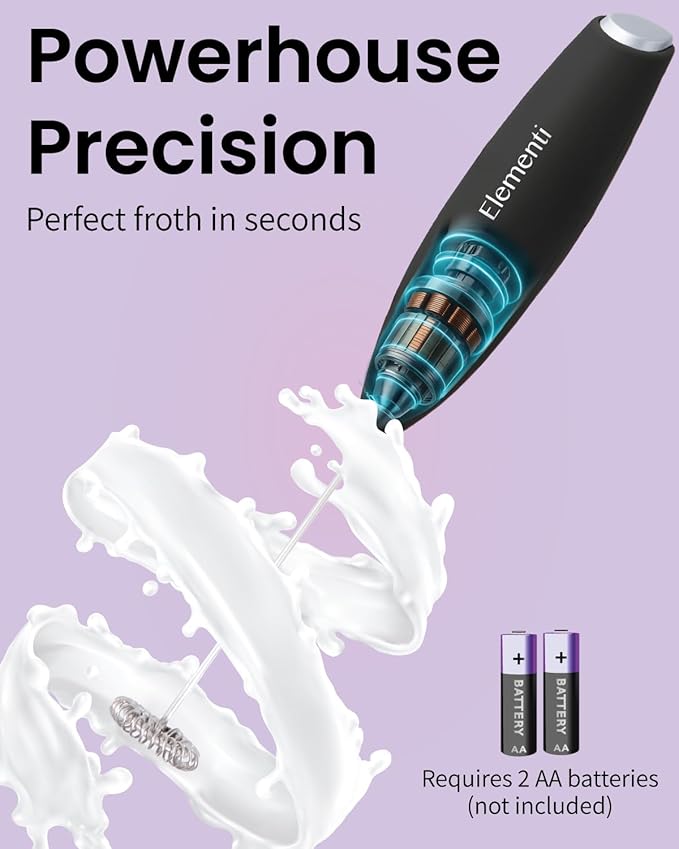 Elementi Drink Mixer Handheld - Electric Stirrer and Powerful Protein Powder Mixer Wand, Easy-to-Use Mini Frother Wand for Quick Delicious Cocktails, Milk Frother and Coffee Stirrers (Black)