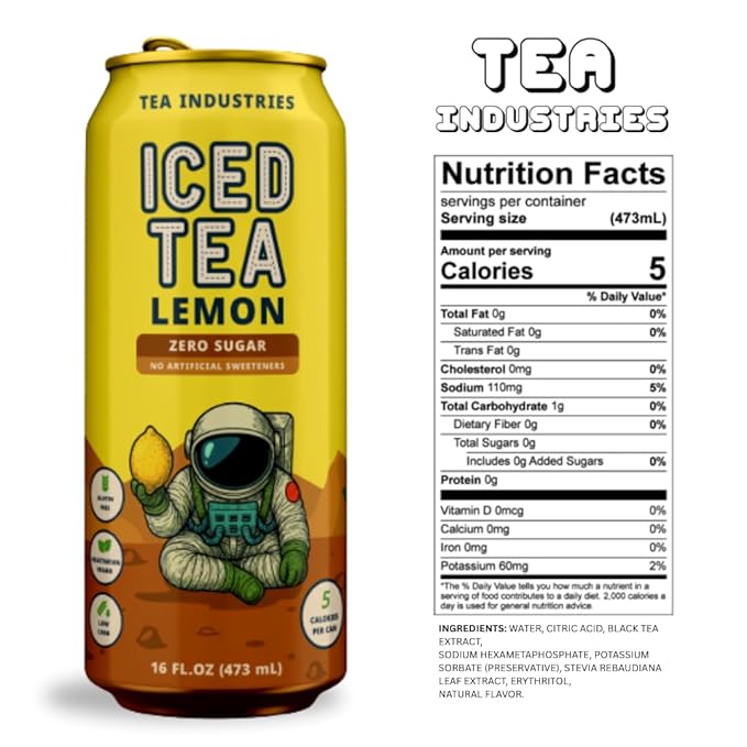 Tea Industries Black Tea with Lemon Iced Tea – Sugar Free, Low Calorie Citrus Flavor Electrolyte Drink for Hydration, 16oz Cans (12-Pack)