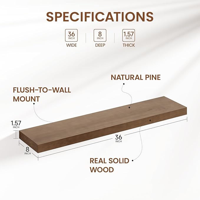 Heimlove 36 inch Floating Shelves for Wall,2 Packs Natural Pine Solid Wood Floating Shelves, 8 inches Deep Wooden Shelves for Kitchen Bedroom Office & Living Room Display Wall Decor