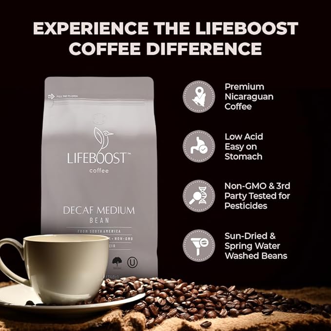 Lifeboost Medium Roast Decaf Coffee Beans – Organic Low Acid Swiss Water Decaf – Whole Bean Coffee – Third Party Tested for Mycotoxins & Pesticides – Chemical Free – 12 oz
