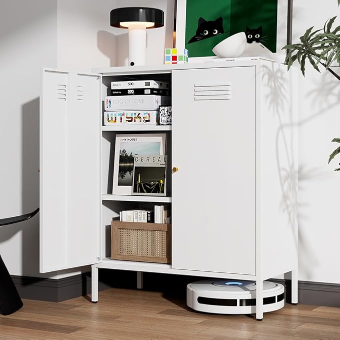 White Metal Storage Cabinet, Kitchen Cupboard with Adjustable Shelves, Side Table Storage with Doors,2 Door Locker Cabinets for Small Home,Office,Kitchen,Dining Room