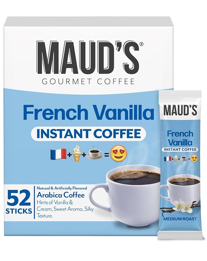 Maud's French Vanilla Instant Coffee, 52 ct, 100% Arabica Coffee, Medium Roast, Instant Hot or Iced Coffee - Just add water