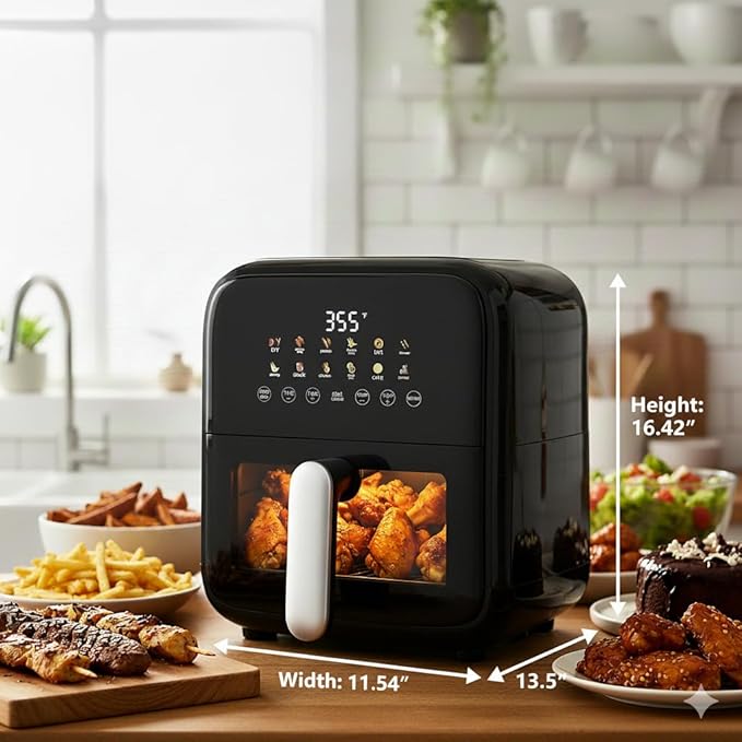 HealSmart 7.5QT Large Capacity Air Fryer, 12-in-1 Digital Preset & DIY Function Airfryer with Visible Window, Precise Temperature Control and Dishwasher Safe, Black
