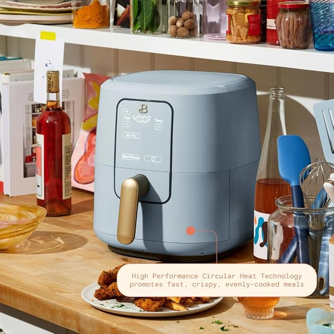 Beautiful 6-Quart Digital Air Fryer – TurboCrisp Tech Touchscreen with 1750W Power, 4 Cooking Modes (Cornflower Blue)