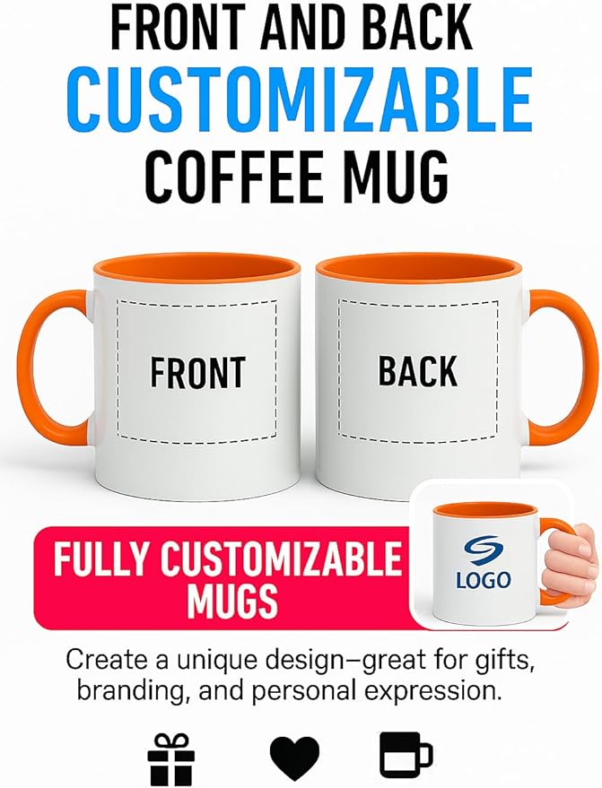 Personalized Coffee Mug | Custom Photo, Text, or Logo Cup (11oz, Orange Rim, Inner, and Handle) |Dishwasher & Microwave Safe |Unique Gift for Men & Women –Taza Personalizada
