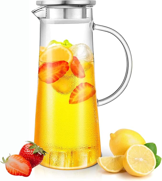 Glass Pitcher With Lid, 51oz/1.5Liter Water Carafe With Handle for Fridge, Iced Tea, Milk, Hot and Cold Beverage, Borosilicate Juice Jug