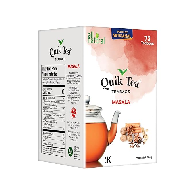 QuikTea Masala Chai Tea Bags - 72 Count - All Natural, Preservative Free - Non-GMO - Easy To Brew Masala Chai Tea Bags