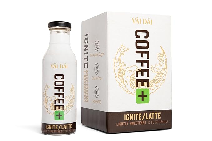 Vai Dai Coffee Latte 12-pack, Lightly Sweetened, Ready-to-Drink, Functional, Adaptogens & Nootropics for Energy, Focus & Mental Clarity, with Lion’s Mane, Ashwagandha, Mushrooms & Cordyceps, Gluten-Free, Non-GMO. VaiDai