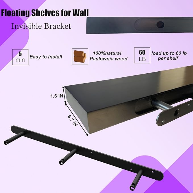 IAE Floating Wall Shelves 55 inch,Bathroom Shelving Wall Mounted,Invisible Shelving Floating Kitchen Shelves,Wooden Wall Shelf with Brackets for Living Room Wall Mounted,Easy Install,Set of 2,Black