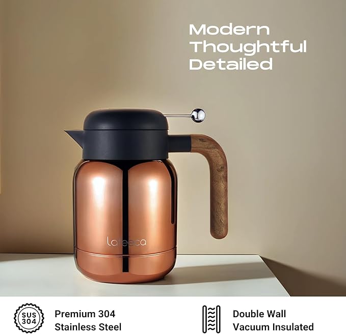 Aura Thermal Coffee Carafe Tea Pot for Keeping Hot & Iced Cold - Vacuum Insulated - Thermos Water Pitcher - Beverage Dispenser - Cool Touch Handle & Lid - BPA Free - 1 Liter - Copper