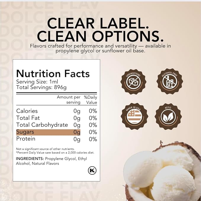Dolce Flav Coconut Flavoring – 32 oz. – Premium Water-Based Extract for Ice Cream, Desserts, Boba, Beverages & Baked Goods | Ideal for Tropical-Inspired Menus & Commercial Kitchens