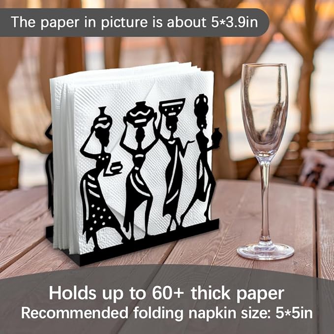 African Female Decorative Black Metal Napkin Holder for Table, 5.3" x 4.9" x 1.9" African Women Standing Napkin Holder for Home Kitchen Restaurant Picnic Party Coffee Bar Dining Room