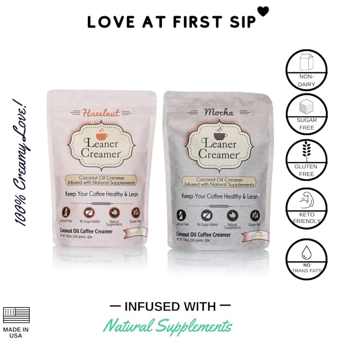 Leaner Creamer Coconut Creamer with Superfood Ingredients – Non-Dairy, Sugar-Free Powdered Coffee Creamer – Mocha & Hazelnut Bundle – 280g Each