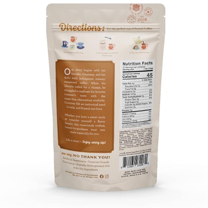 PRYMAL Salted Caramel Coffee Creamer - Keto, Sugar Free, Non Dairy, Low Carb - Non Refrigerated Powder with MCT oil (11.3oz Bag)