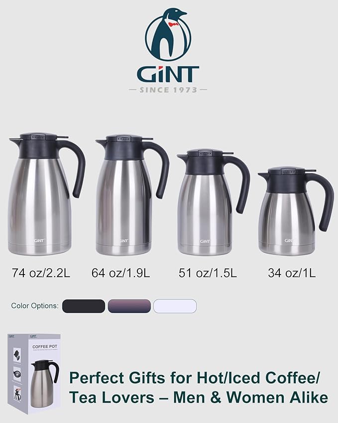 GiNT 74Oz Thermal Coffee Carafe, Insulated Stainless Steel Coffee Carafes for Keeping Hot/Double Walled Vacuum Thermal Carafe (Silver, 2.2L)