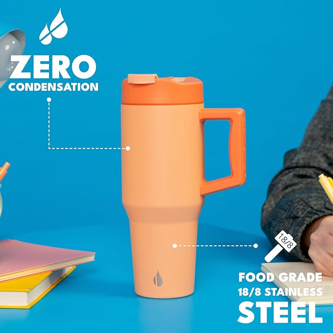 Elemental 32 oz 100% Leak Proof Tumbler with Handle & Straw - Stainless Steel Double Wall Insulated Tumbler for Hot and Cold Beverages - Travel Coffee Mug with Sip & Straw Lid - Peach Sunrise