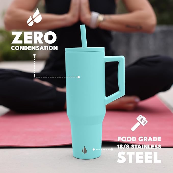 Elemental 40oz Tumbler with Handle and Straw - Spill Proof Insulated Stainless Steel Commuter for Hot & Cold Beverages - Travel Coffee Mug with 2 Straws & Spill Proof Lid - 40 oz - Robin's Egg
