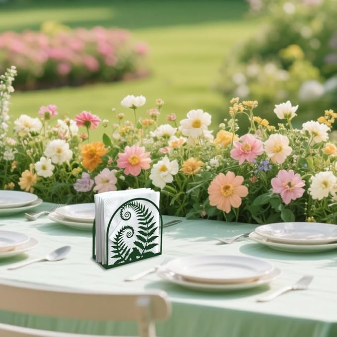 Fern Plant Decorative Green Metal Napkin Holder for Table, 5.9" x 5.9" x 1.9" Fern Leaf Standing Napkin Holder for Home Kitchen Restaurant Picnic Party Coffee Bar Dining Room