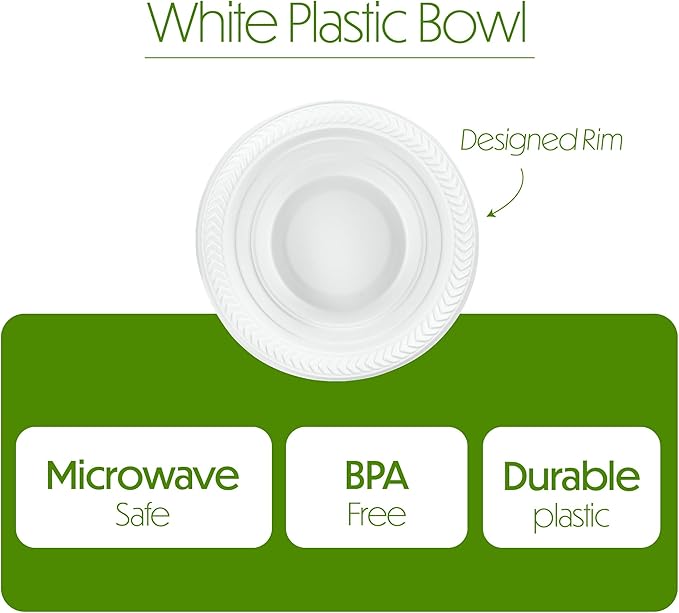 PLASTICPRO 100 PCS White Plastic Soup Bowls 12 oz Premium Quality Light Weight Dishes Disposable Plastic Bowls for Parties Weddings