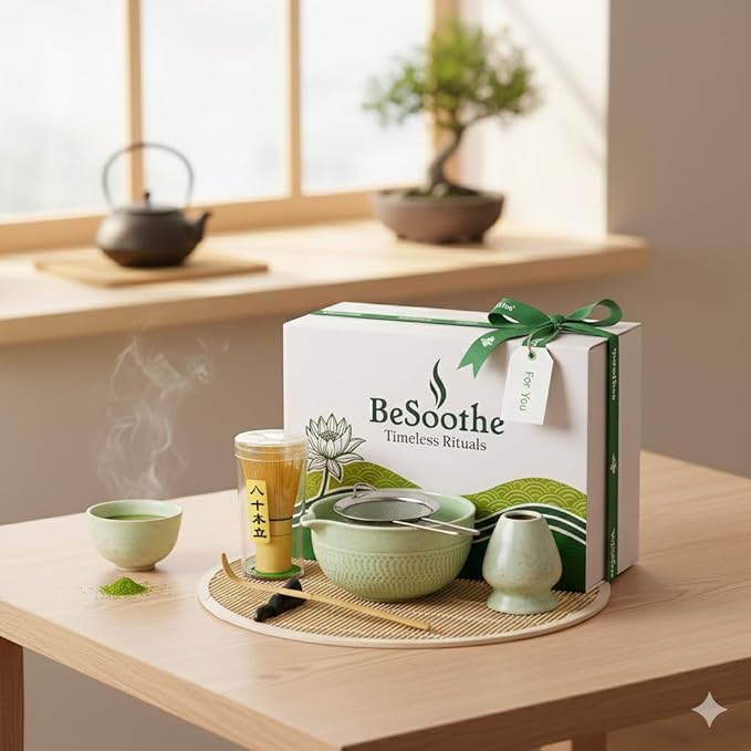 Matcha Whisk Set 8Pcs – BeSoothe Premium Japanese Tea Ceremony Kit, 8 Pcs with Spout Bowl, Bamboo Whisk & Holder, Scoop, Sifter, Tea Towel – Magnetic Gift Box for Matcha Lovers
