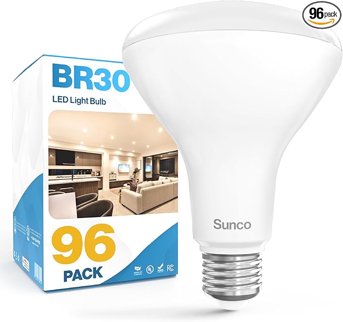 Sunco 96 Pack BR30 Light Bulb LED Recessed Can Light Bulbs, Indoor Flood Lights 850 LM, 11W (65W Equivalent), 5500K Daylight Glow, Dimmable, E26 Base, for Home, Kitchen, Bedroom UL.