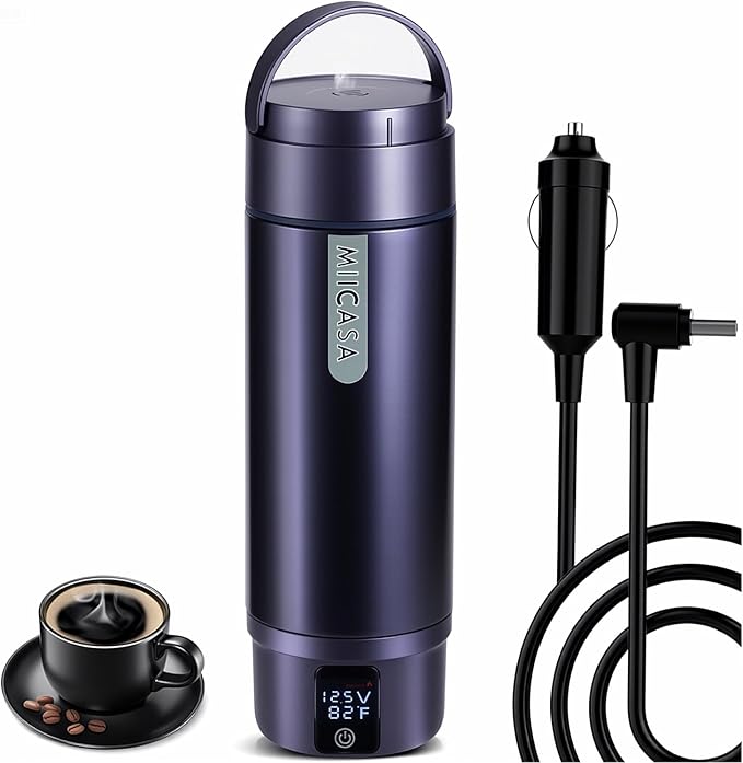 Vacuum Insulated Car Electric Kettle,Miicasa Stainless Steel Tumbler Car Water Heater,12V/24V Water Boiler with 6 Temperature and Auto Shut-Off Boil Dry,16oz