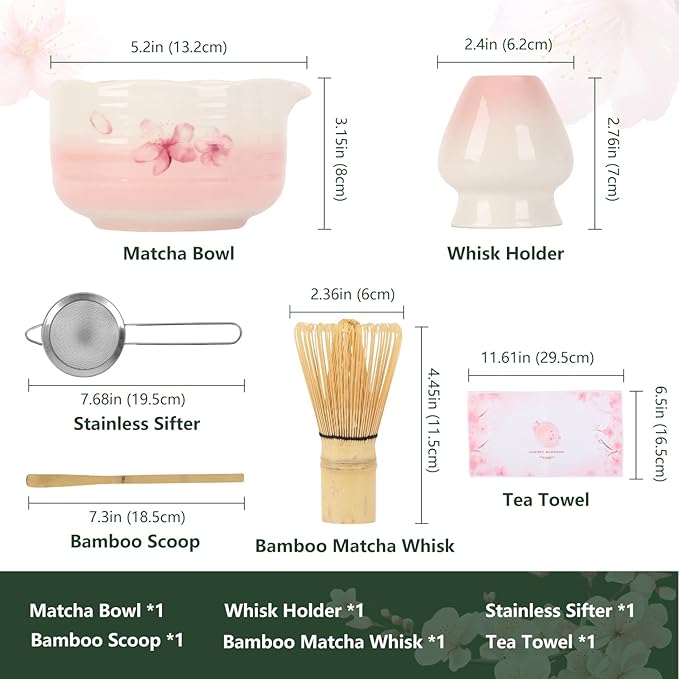 7PCS Matcha Whisk Set, Sakura Cherry Bloosm Matcha Kit Christmas Gifts for Women Birthdays Mom Girls Kids and Matcha Tea Lover, with Bamboo Whisk, Holder, Bowl, Scoop, Sifter, Towel, and Elegant box