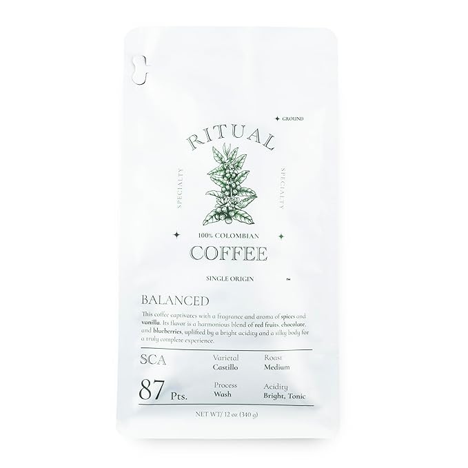Ritual Specialty Coffee - Colombian Single Origin Ground Coffee Gourmet, Balanced Profile, 87+ SCA Score (Chocolate, Red Fruits & Blueberry),Medium Roast - 12oz (340g) 100% Castillo Variety
