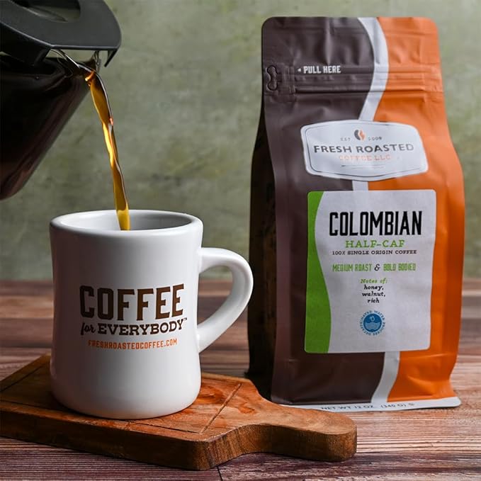 Fresh Roasted Coffee,100% Colombian Water Half-Caf, 12 oz, Medium Roast, Kosher, Whole Bean