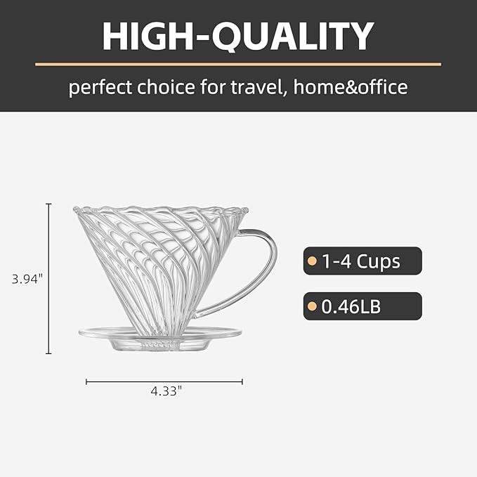 Coffee Dripper, Resuable Pour Over Coffee Maker With Handle, Slow Brewing Coffee Pour Over for Cafe, Travel, Home&Offices with 100 Filter Papers (Borosilicate Glass, 1-4 Cups)