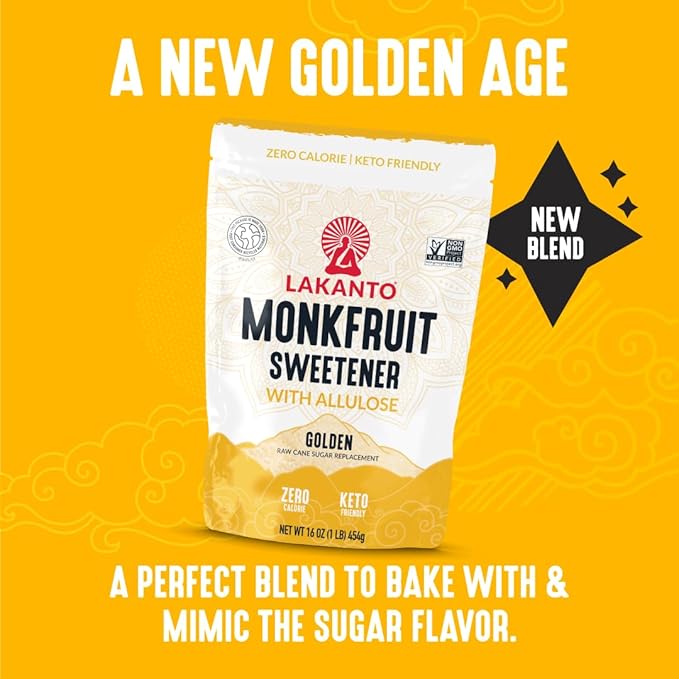 Lakanto Golden Monk Fruit Sweetener With Allulose, Raw Cane Sugar Substitute From Monk Fruit Extract, Raw Sugar Replacement for Baking, Coffee & Tea, Gluten Free, Low Carb, Non GMO, Keto, 3 LB Bag