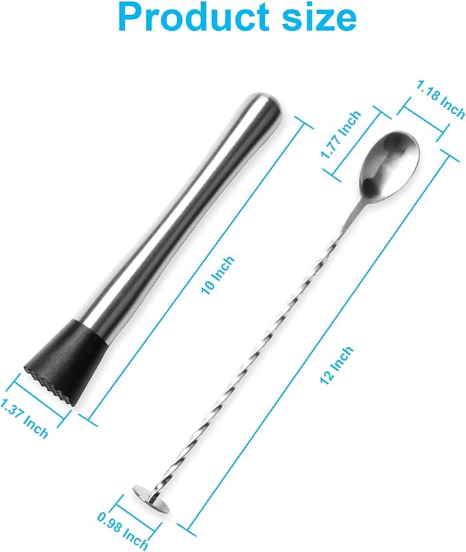 10 Inch Stainless Steel Cocktail Muddler and Mixing Spoon, Home Bar Tool Bartender Set for Cocktails Mojitos Ice Margaritas Mint & Fruit Drinks, Silver, 10x4x1.5 inch