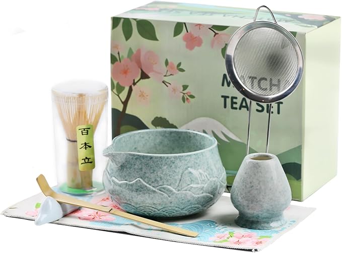 Matcha Whisk Set–7pcs Japanese Matcha Set Kit with Matcha Bowl, Bamboo Whisk, Whisk Holder, Scoop, Towel &Sifter–Perfect for Tea Ceremonies&Matcha Lovers (Mountain Relief-Mottled Green)