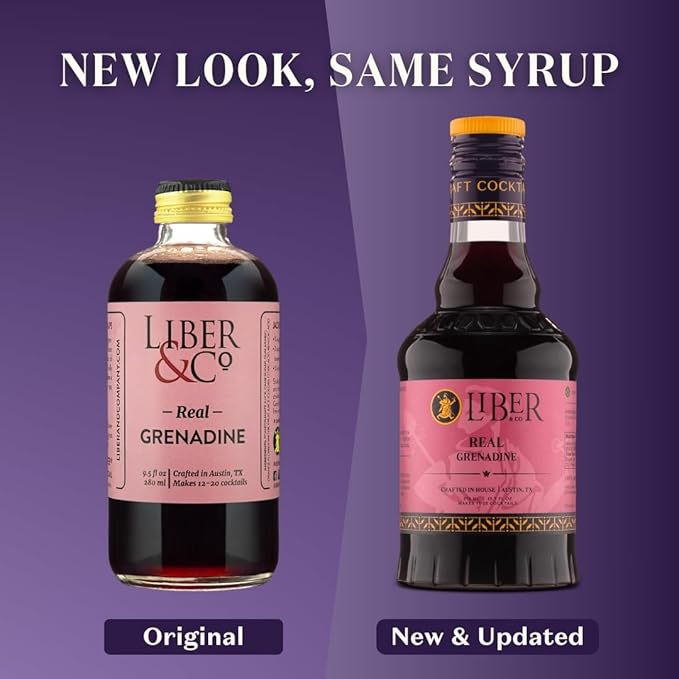 Liber & Co. Real Grenadine Syrup - Drink and Cocktail Mixer with 65% Cold-Pressed Pomegranate Juice & Orange Blossom Water - All Natural, No Dyes - Essential for Tequila Sunrise, Shirley Temples, Sodas & Classic Cocktails (25.4 oz)