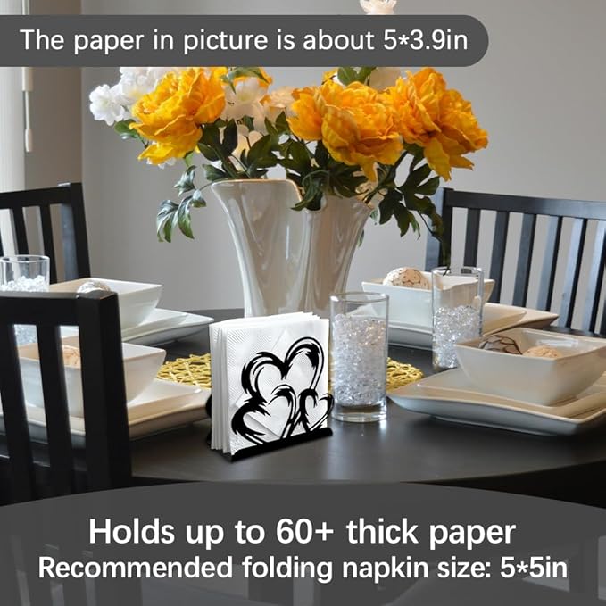 Heart and Love Decorative Black Metal Napkin Holder for Table, 5.3" x 4.9" x 1.9" Heart Standing Napkin Holder for Home Kitchen Restaurant Picnic Party Coffee Bar Dining Room