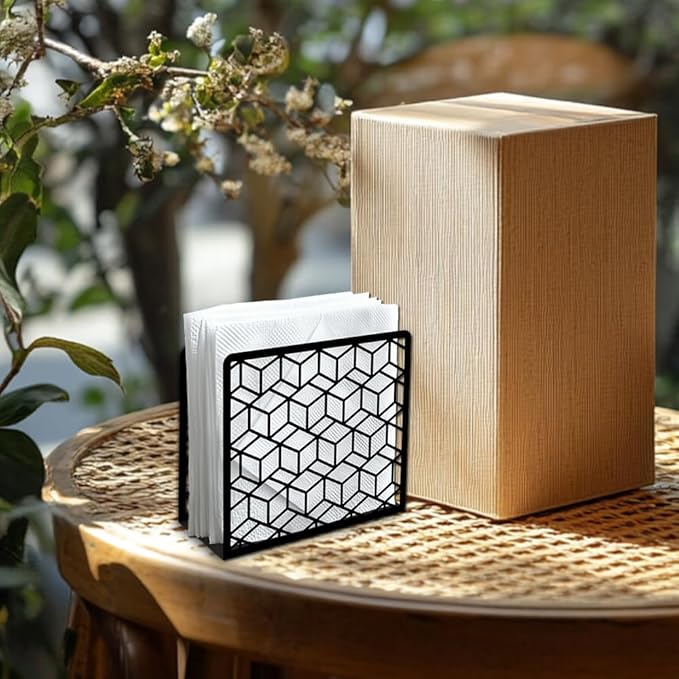 Geometric 3D Cube Decorative Black Metal Napkin Holder for Table, 5.3" x 4.9" x 1.9" 3D Cube Geometric Standing Napkin Holder for Home Kitchen Restaurant Picnic Party Coffee Bar Dining Room