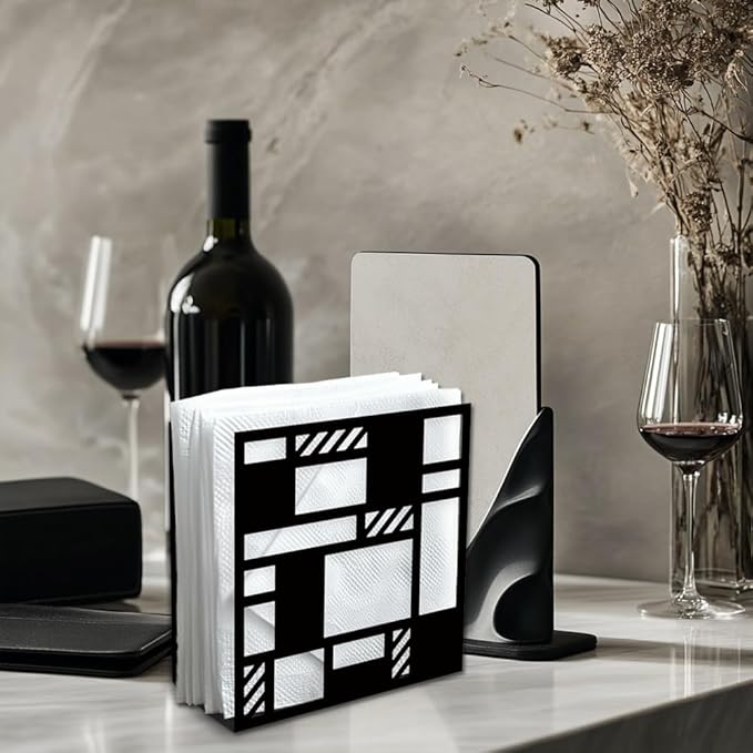 Modern Checkered Decorative Black Metal Napkin Holder for Table, 5.3" x 4.9" x 1.9" Geometric Cutout Standing Napkin Holder for Home Kitchen Restaurant Picnic Party Coffee Bar Dining Room