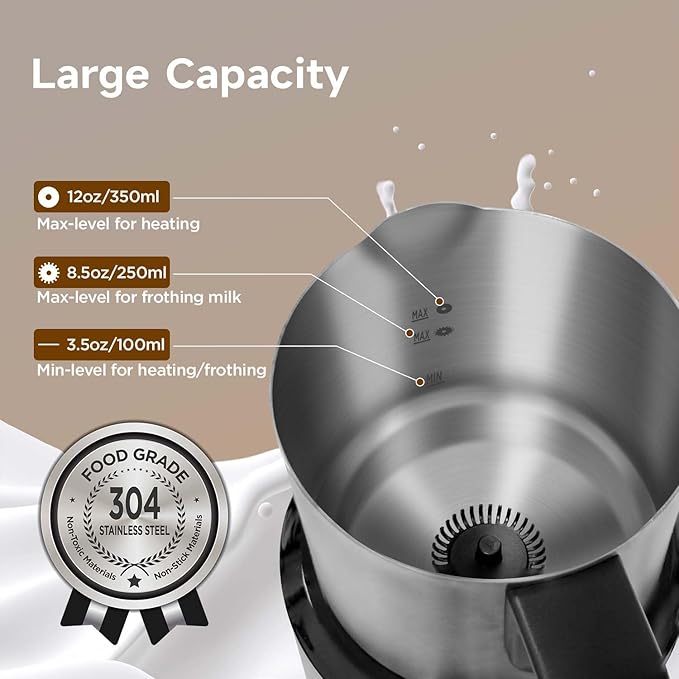 Detachable Milk Frother, Food Grade Stainless Steel 17oz Electric Milk Steamer, Easy Clean with Dishwasher Safe, Automatic Hot/Cold Foam Maker, Hot Chocolate Maker, 120V, Stainless Steel