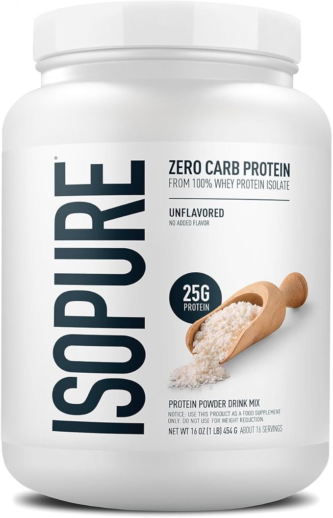 Isopure Zero Carb 100% Pure Whey Isolate Protein Powder, Lactose Free, Gluten Free, with Vitamins, Unflavored, 25g Protein Per Serving, 1 Lb, 16 Servings (Packaging May Vary)