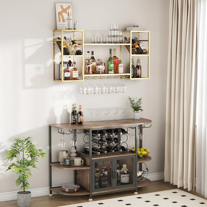 Metal Floating Bar Liquor Shelves 2 Tier, Wall Mounted Wine Rack with Glass Holder Storage, Wall Bar Shelf Wine Display Storage Holder for Kitchen Dining Room Bar (Gold)