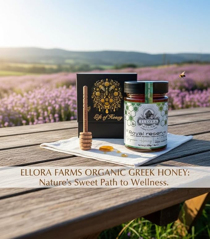Ellora Farms Organic Honey, Wild Thyme Organic Honey Raw Unfiltered, Preservative and Additive Free, 2025 Paris and Dubai Gold Awards Winner, Gift Pack with Dipper - 450g (16oz)