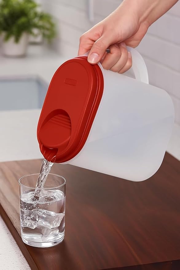 2-Pack Water Pitcher with Lid & Pivot Top Spout 1 Gallon Pitcher - Slim Design Fits Fridge Door - Freezer/Dishwasher Safe, BPA Free & Phthalate Free - Red
