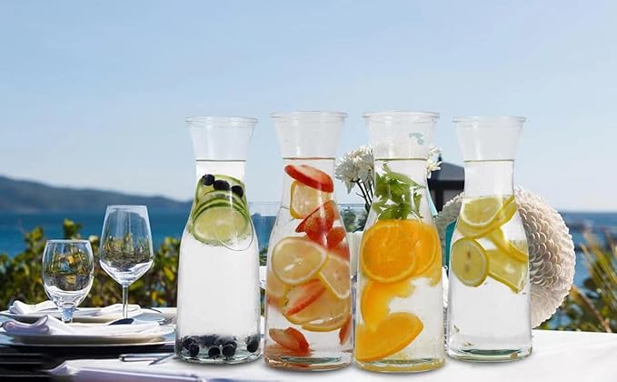 Set of 4 Glass Carafe with Lids, 1 Liter Beverage Pitcher Carafe for Mimosa Bar, Lemonade - 4 Wooden Chalkboard Tags Included