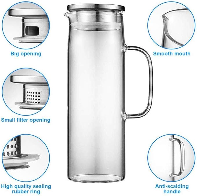 Hwagui - Heat Resistant Glass Pitcher with Stainless Steel Lid, Water Carafe with Handle, Good Beverage Pitcher for Homemade Juice and Iced Tea, 1200ml/41oz