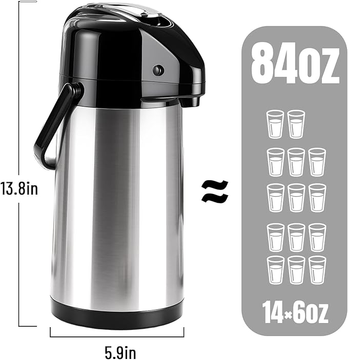 Upgraded Airpot Coffee Carafe with Double Pump - 84oz/2.5L Coffee Carafe for Keeping Hot, Beverage Dispenser for Hot/Cold Beverage (1, Stainless Steel Color)