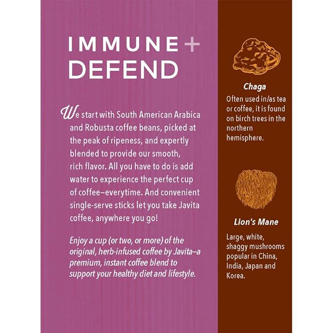 Mushroom + Coffee, Javita Immune & Defend Blend of Chaga, Lion's Mane and Dark Roast Robusta Coffee for Morning Boost, Wellness Support, Smooth, Convenient Coffee Mix (2 box/48 serv)