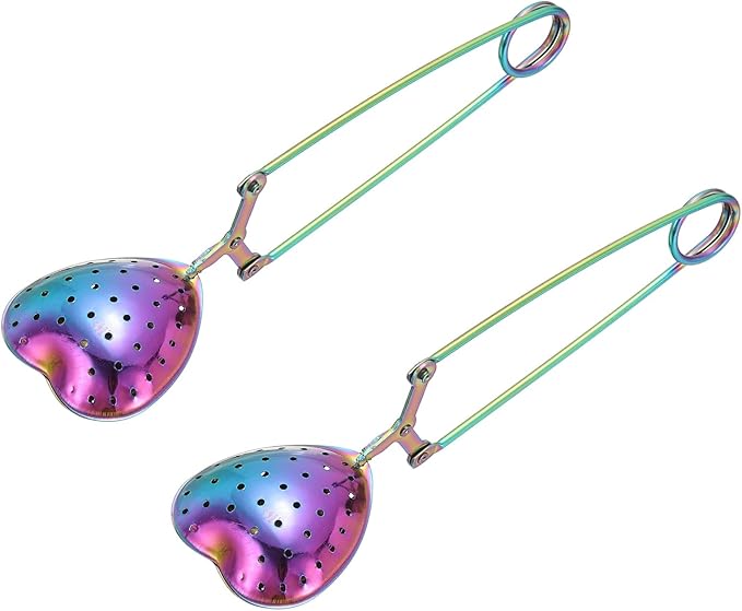 uxcell 2 Pcs Tea Infuser, Stainless Steel Loose Leaf Tea Infuser Filter for Cup and Teapot, Long Handle Tea Steeper Strainers for Tearoom Office Home, Heart Shaped Colorful