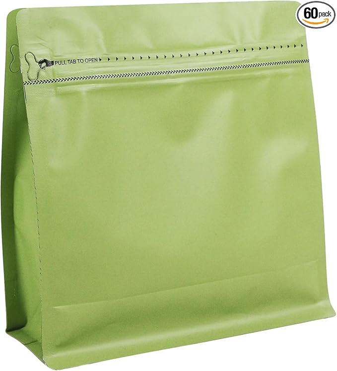 60 Pack High Barrier Stand-Up Coffee Bean Bags with Vented Valve Matte Metallic Heat-Sealable & Resealable Solid Color Pouches (Square,5.3 * 5.5 inch,1/4 lb,Avocado Green)